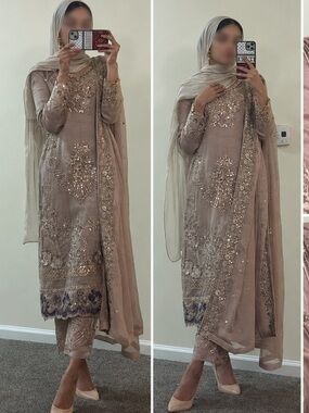 Zoon Luxury Pakistani Embroidered 3 Piece Formal Dress- taupe/ blush pink